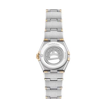 Photo of the Omega Constellation 25mm watch (131.20.25.60.55.002) with a Mother of Pearl dial, diamond hour markers, quartz movement, and a stainless steel case with yellow gold accents