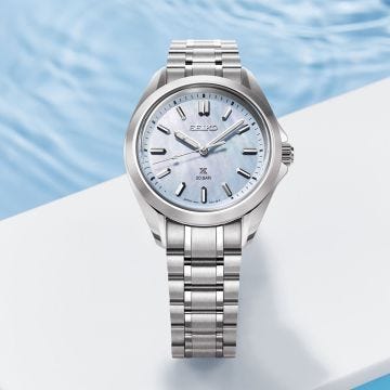 Photo of the Seiko Prospex Sea 34mm watch (SUR607J1) with a blue Mother of Pearl dial, quartz movement, and stainless steel case
