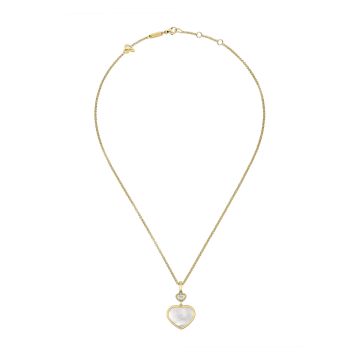 Photo of the Chopard Happy Hearts 18k Yellow Gold Mother of Pearl Diamond Pendant Necklace (797482-0301) with a heart-shaped design, luminous mother of pearl, and a floating diamond