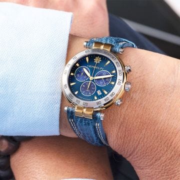 Photo of the Herbelin Newport Heritage Chronograph 40.3mm Blue Dial Quartz Watch 37654T35, featuring a striking blue dial, chronograph functionality, and a classic blue leather strap