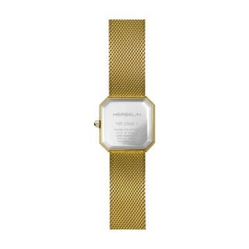 Photo of the Herbelin Octogone 24.5mm White Sunray Dial Quartz Yellow Gold PVD Watch 17426BP08, showcasing a polished gold-tone octagonal case, radiant white sunray dial, and elegant mesh bracelet.