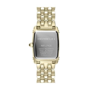 Photo of the Herbelin Art Deco Tonneau 17.8x19.4mm Sunray White Dial Quartz Yellow Gold PVD Watch 17438BP1N22, featuring an elegant tonneau-shaped case, radiant sunray white dial, and polished yellow gold PVD bracelet