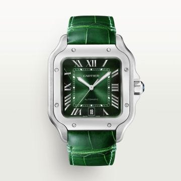 Photo of the Cartier Santos de Cartier 39.8mm Green Dial Automatic Watch WSSA0062, featuring a rich gradient green dial, Roman numerals, exposed screws, and a polished stainless steel case and bracelet