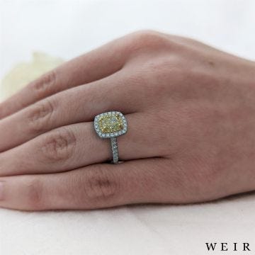 Platinum 0.90ct Fancy Yellow VS2  Cushion cut Diamond Engagement Ring