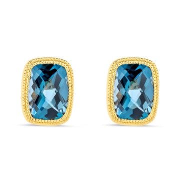 18k Yellow Gold Multi Faceted Blue Topaz Stud Earrings 