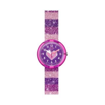 Colour My Life STRIPY GLITTER 31.8mm, Purple Dial, Quartz Movement, Bio-sourced Plastic Case, Pink Silicone Strap Watch