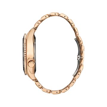 Photo of the Citizen Men's Sport 41mm watch featuring a sleek black dial, rose gold tone stainless steel case and bracelet, with Eco-Drive technology for continuous power without battery replacement AW1773-55E