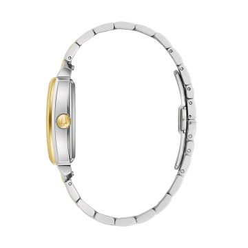 Photo of the Bulova Sutton 98A308 watch with a silver dial, stainless steel case with yellow gold PVD accents, and automatic movement, offering a refined and classic design.
