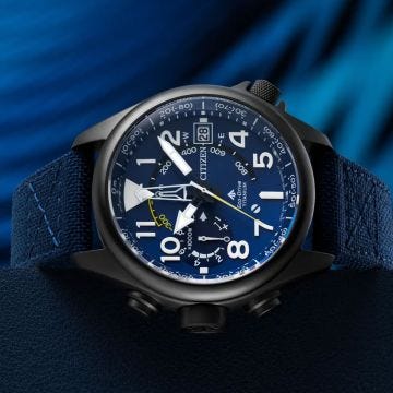 Phot of  the Citizen Promaster Altichron 47mm, Blue Dial, Black Ion Plated Super Titanium Case, Blue Nylon Strap, Eco-Drive Watch BN4065-07L