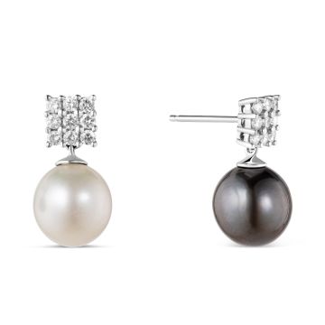 18k Diamond, Black and White Pearl Earrings