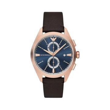 Armani Claudio Chronograph 43mm, Blue Dial, Quartz Movement, Rose Gold PVD on Stainless Steel Case, Black Leather Strap Watch