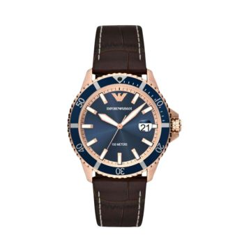 Armani Diver 42mm, Blue Dial, Quarz Movement, Rose Gold PVD on Stainless Steel Case, Pro-Planet Brown Leather Strap Watch