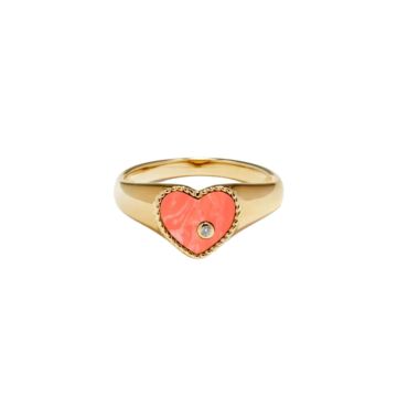 9k Yellow Baby Chevalière Coeur Corail Or Jaune Signet Ring
