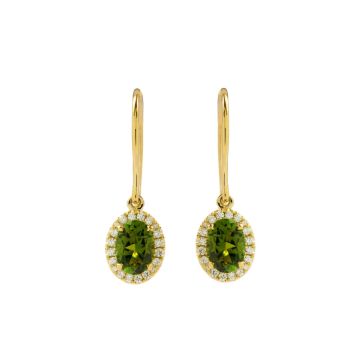 18k Yellow Gold Green Tourmaline and Diamond Halo Drop Earrings
