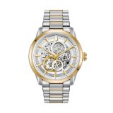 Photo of the Bulova Sutton 98A214 watch with a silver skeleton dial, stainless steel case with yellow gold PVD accents, automatic movement, offering a sophisticated and detailed design.