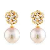 18k Yellow Gold Flower Diamond and Akoya Pearl Drop Earrings