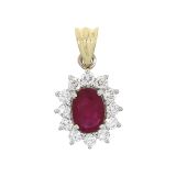 1 7x5 Ruby 0.95 12 Brilliant Dia 0.45 Cluster YW 18CT Pendants