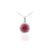 Sterling Silver Pendant with Red Stone Solitaire & CZ Surround Ring