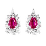 18k Pear Cut Ruby and Diamond Cluster Earrings