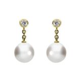 18k Yellow Gold Diamond 8mm White A+ Akoya Pearl Drop Earrings