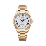 Photo of the Citizen Arezzo 35mm Eco-Drive watch with white dial, rose gold tone stainless steel case and bracelet, model EM0973-55A. A light-powered, elegant timepiece ideal for both casual and formal occasions.