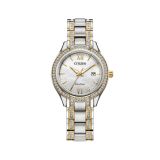Photo of the Citizen Silhouette Crystal 30mm Eco-Drive watch with a mother of pearl dial, stainless steel and gold PVD case, model FE1234-50D. A luxurious, light-powered watch that combines timeless elegance with modern functionality.
