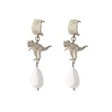 Alex Monroe Tyrannosaurus Rex and Baroque Pearl Drop Earrings in Sterling Silver