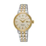 Photo of the Seiko Presage Cocktail White Lady 30mm Cream Dial Automatic Watch (SRE010J1) with a stainless steel & gold PVD case, showcasing timeless elegance.