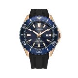Photo of the Citizen Promaster Diver 44mm, Blue Dial, Rose Gold Tone Stainless Steel Case, Black Silicone Strap, Eco-Drive Watch BN0196-01L