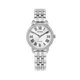 Photo of the Citizen Classic 29mm Eco-Drive watch with a white dial and stainless steel case, model EM1050-56A. A sleek and reliable light-powered watch that combines classic design with modern functionality, perfect for everyday wear.