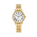 Photo of the Citizen Classic 29mm Eco-Drive watch with a white dial and gold tone stainless steel case, model EM1052-51A. A beautifully crafted, light-powered watch that offers a classic design, perfect for any occasion and everyday wear.