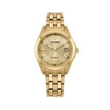 Photo of the Citizen Peyten 33mm Eco-Drive watch with champagne dial and gold tone stainless steel case, model EO1222-50P. A chic, light-powered watch that embodies sophistication and functionality, ideal for both casual and formal occasions.