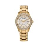 Photo of the Citizen Silhouette Crystal 30mm Eco-Drive watch with a champagne dial, gold tone stainless steel case, model FE1147-79P. A beautifully crafted, light-powered watch that blends elegance and modern functionality, perfect for any occasion.