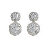 Sterling Silver Double Round Cubic Zirconia Cluster Drop Earrings