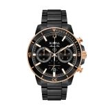 Photo of the Bulova Marine Star 98B302 quartz watch with a bold black dial, black ion stainless steel case, and rose gold PVD accents