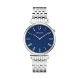 Photo of the Bulova Regatta 96A233 quartz watch with a vibrant blue dial, stainless steel case