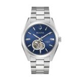 Photo of the Bulova Surveyor 96A275 automatic watch with a striking blue dial, stainless steel case.