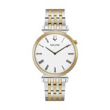 Photo of the Bulova Regatta 98A233 quartz watch with a classic white dial, two-tone stainless steel and yellow gold PVD case.