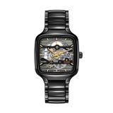 Experience the captivating craftsmanship of the Rado True Square Automatic Skeleton 38mm watch. Featuring a bold black dial and revealing its intricate automatic movement, housed within a sleek ceramic case, this timepiece seamlessly merges style with eng
