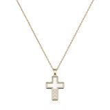 Close up photo of the Chopard Happy Diamonds 18k Yellow Gold Cross Pendant Necklace featuring a classic cross design with a freely moving diamond encased in sapphire crystal, suspended from a delicate gold chain 79A409-0001