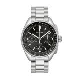 Photo of the Bulova Lunar Pilot 96K111 watch featuring a sharp black dial, stainless steel case, and quartz movement, designed for a space-inspired look
