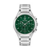 Photo of the Bulova Curv 96A297 quartz watch with a striking green dial, stainless steel case