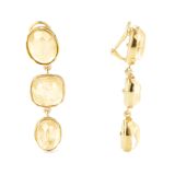 Cabochons Three Stone Rock Crystal Yellow Gold Plated Clip Drop Earrings