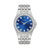 Photo of the Bulova Phantom 96A254 watch with a vibrant blue dial, stainless steel case, and crystal accents.