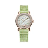 Happy Sport 30mm, Green Mother of Pearl Dial, Automatic Movement,18K Rose Gold, Green Alligator Leather Strap Watch