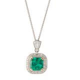 18k Yellow Gold Platinum 5.45ct Emerald and Diamond Pendant