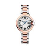 Photo of the Cartier Ballon Bleu 33mm Silver Dial Automatic Watch W2BB0032, featuring a fluted crown set with a blue cabochon, silver guilloché dial with Roman numerals, and a two-tone stainless steel and rose gold bracelet