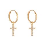 9K Yellow Gold Cubic Zirconia Cross Charm Hinged Hoop Earrings