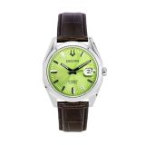 Photo of the Bulova Surveyor 96B427 watch showcasing a vibrant green dial, stainless steel case, leather strap, and automatic movement.