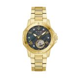 Photo of the Bulova Marine Star 97P171 watch showcasing a black mother of pearl dial, two-tone stainless steel and yellow gold PVD case, and automatic movement for timeless sophistication.